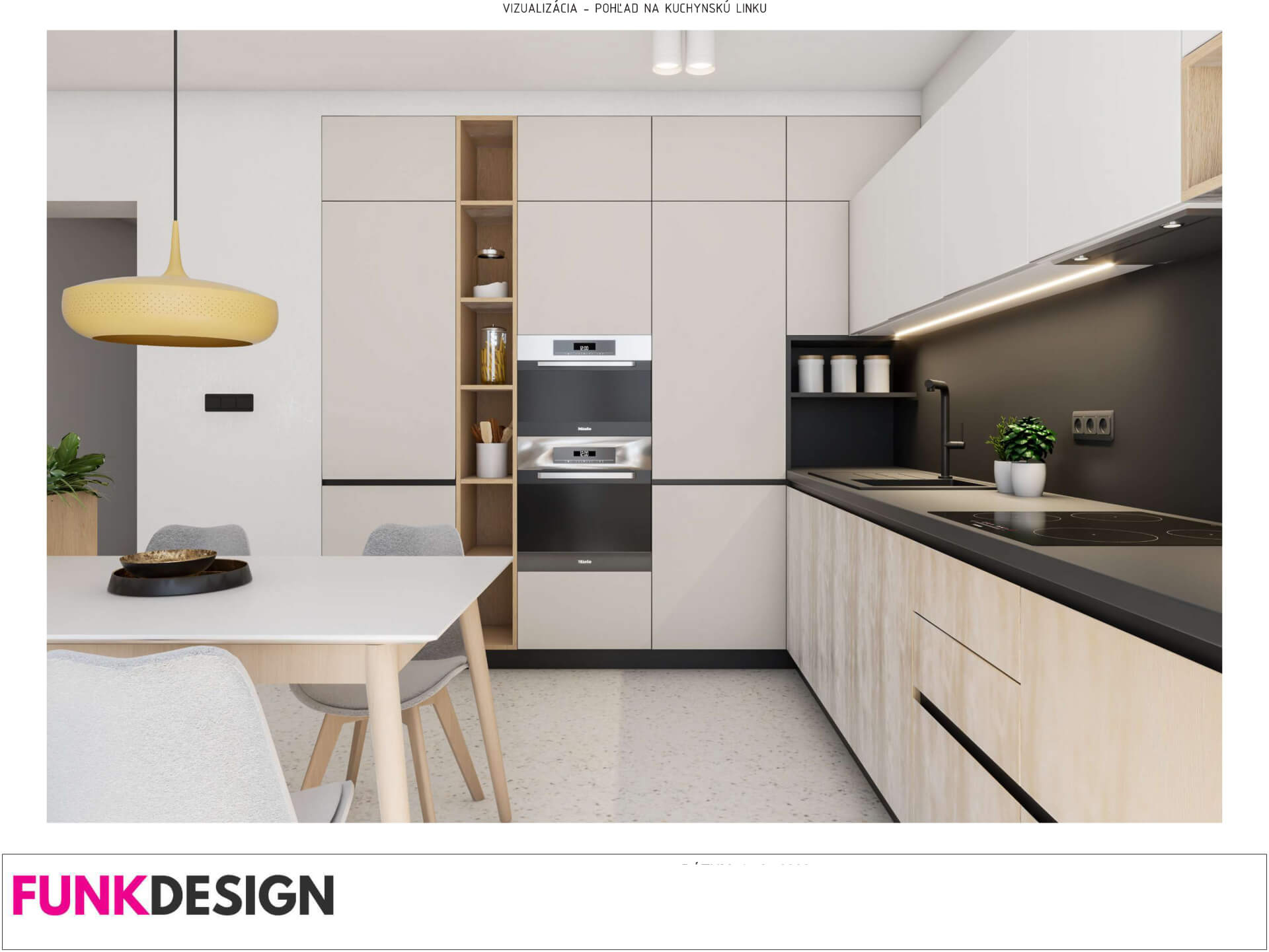 Návrh interiéru kuchyne s jedálenským stolom a linkou s množstvom úložného priestoru v neutrálnych farbách s drevom