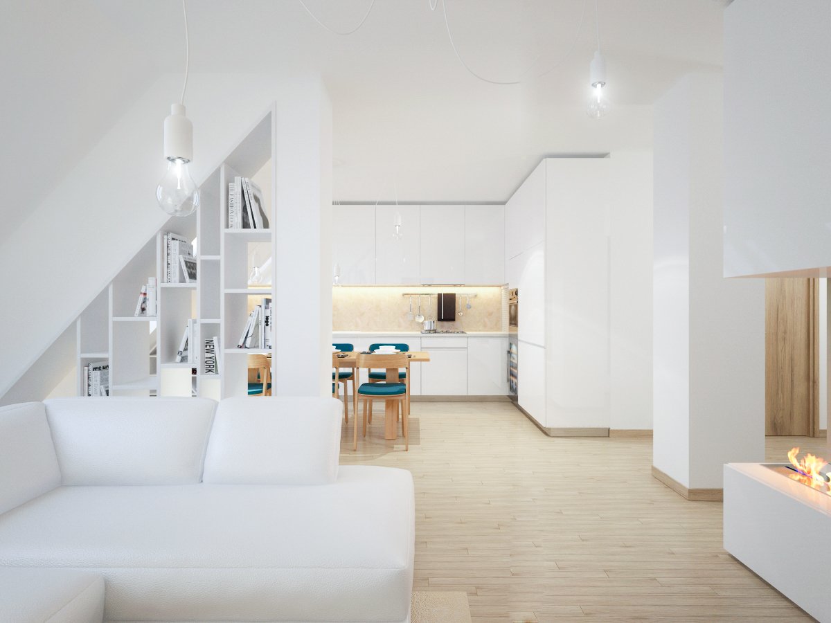 Moderná obývačka ladená do biela s krbom a knižnicou na mieru polooddelená od kuchyne s jedálenským stolom