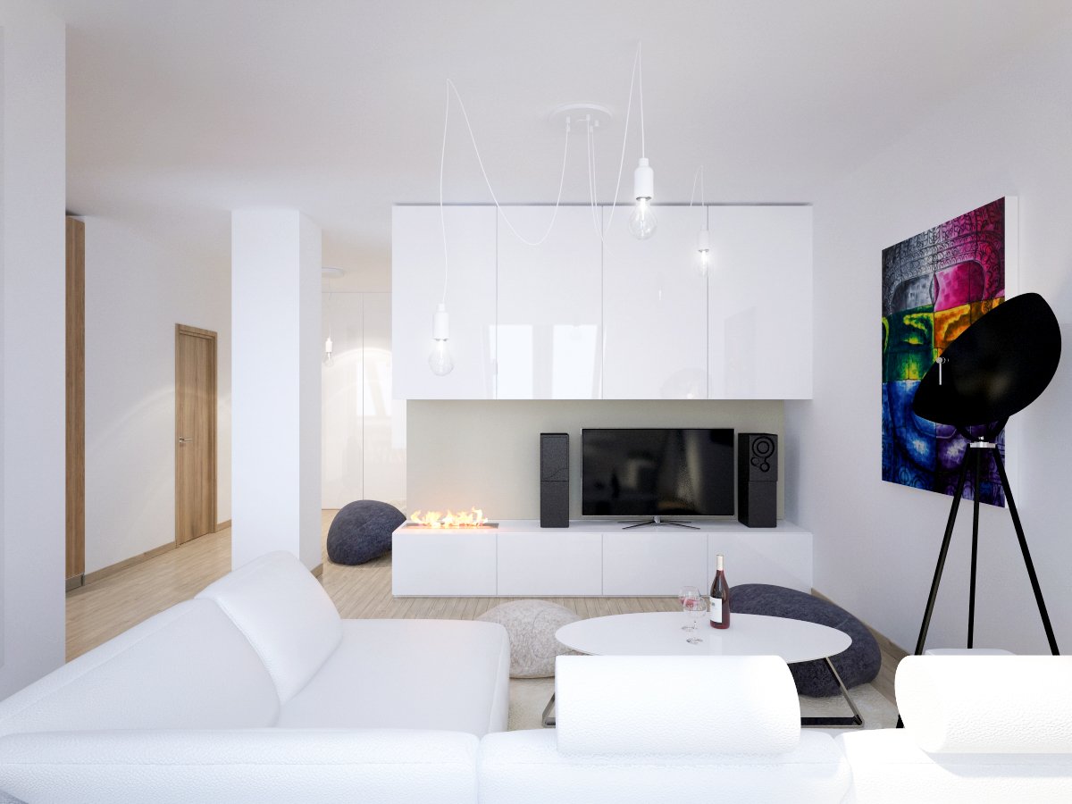 Moderná biela obývačka s výhľadom do chodby a s vnútorným krbom v obývacej stene