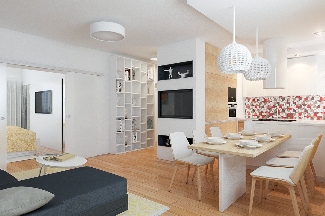 Moderná obývačka s kuchyňou a jedálenským stolom s kombináciou dreva a bielej farby s knižnicou v chodbe