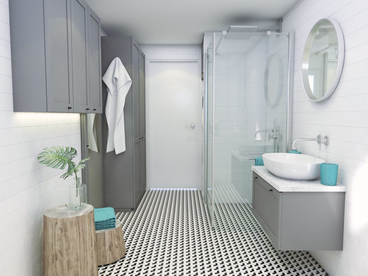 Kúpeľňa so sprchovým kútom a umývadlom so skrinkou, so šedými odkladacími priestormi a dekoratívnymi drevenými stolíkmi