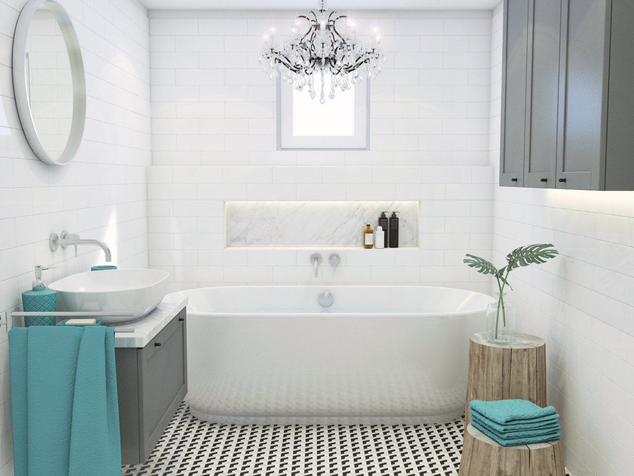 Biela dekorovaná kúpeľňa s oknom, voľne stojacou vaňou a skrinkami osvetlená luxusným lustrom