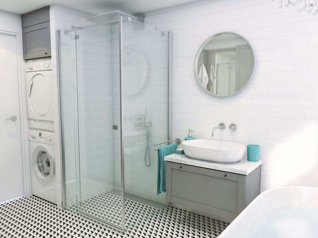 Biela kúpeľňa s nábytkovým umývadlom, sprchovým kútom aj vaňou vybavená práčkou a taktiež sušičkou