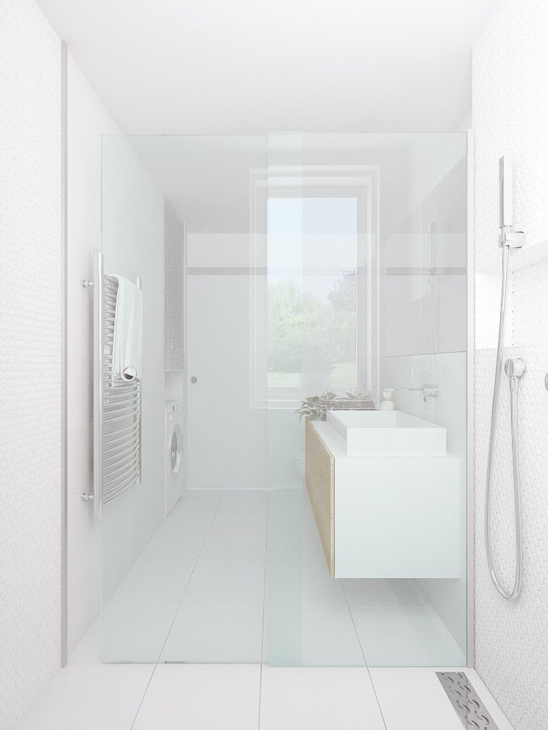 Prirodzeným svetlom osvetlená úzka biela kúpeľňa s rozmerným preskleným sprchovým kútom a práčkou