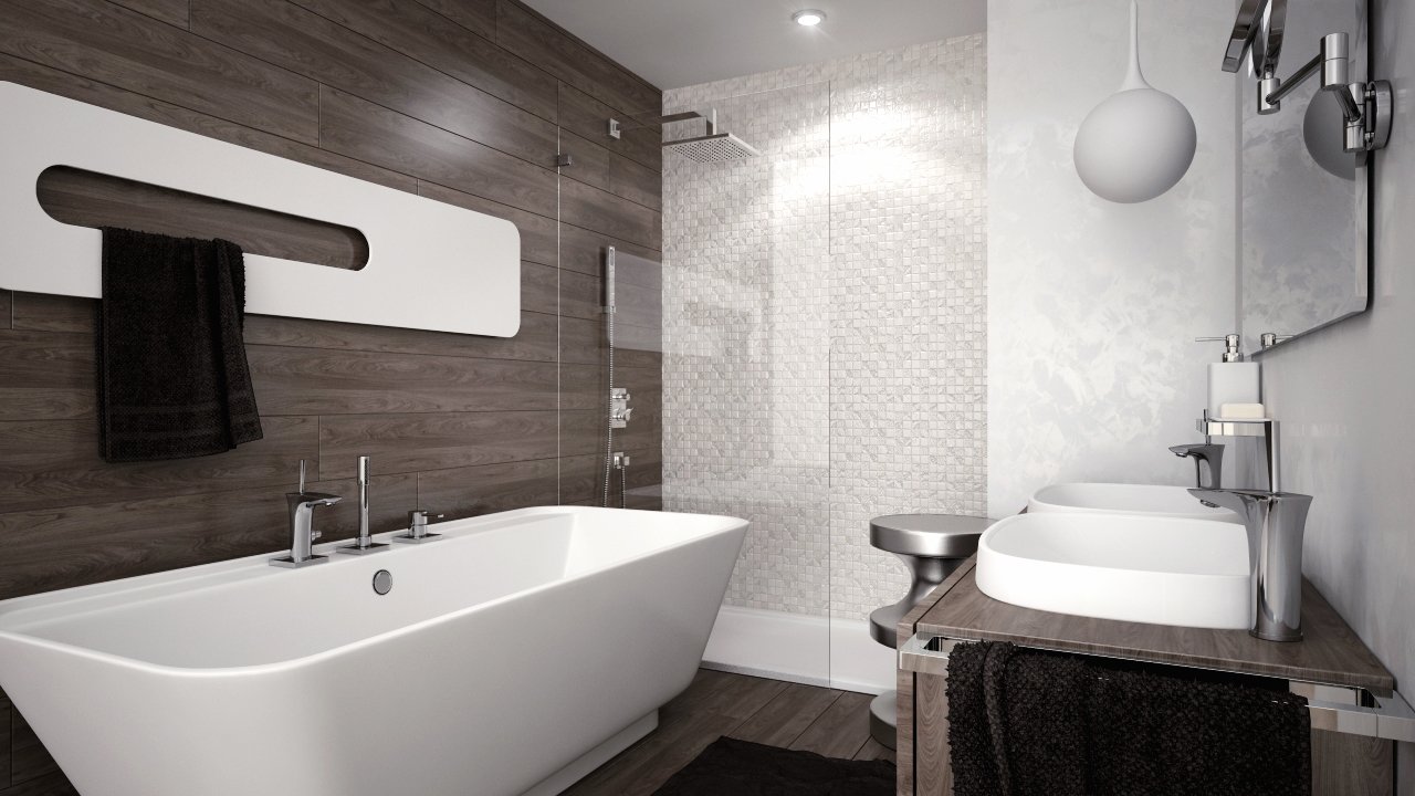 Moderná kúpeľňa so sprchovým kútom a vaňou, dvoma umývadlami a jednou stenou z imitácie dreva