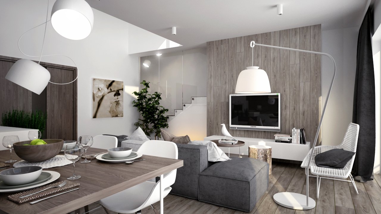 Bielo-sivá obývačka s dreveným nástenným panelom za nástennou TV a jedálenský stôl na dolnom poschodí mezonetu