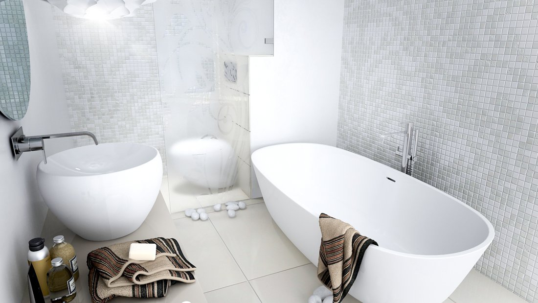 Biela kúpeľňa s vaňou, záchodom polovične oddeleným matným sklom a hlbokým umývadlom