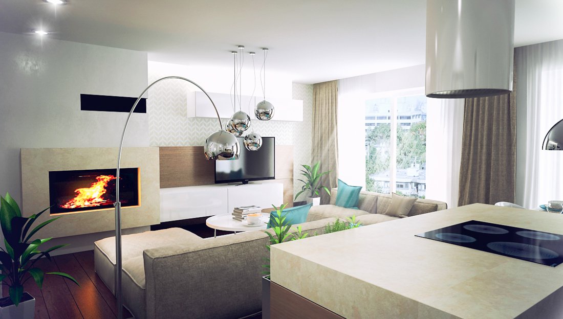 Obývačka s krbom a sedačkou v tvare U prirodzene osvetlená veľkým okom s vypnutým visiacim lustrom aj lampou