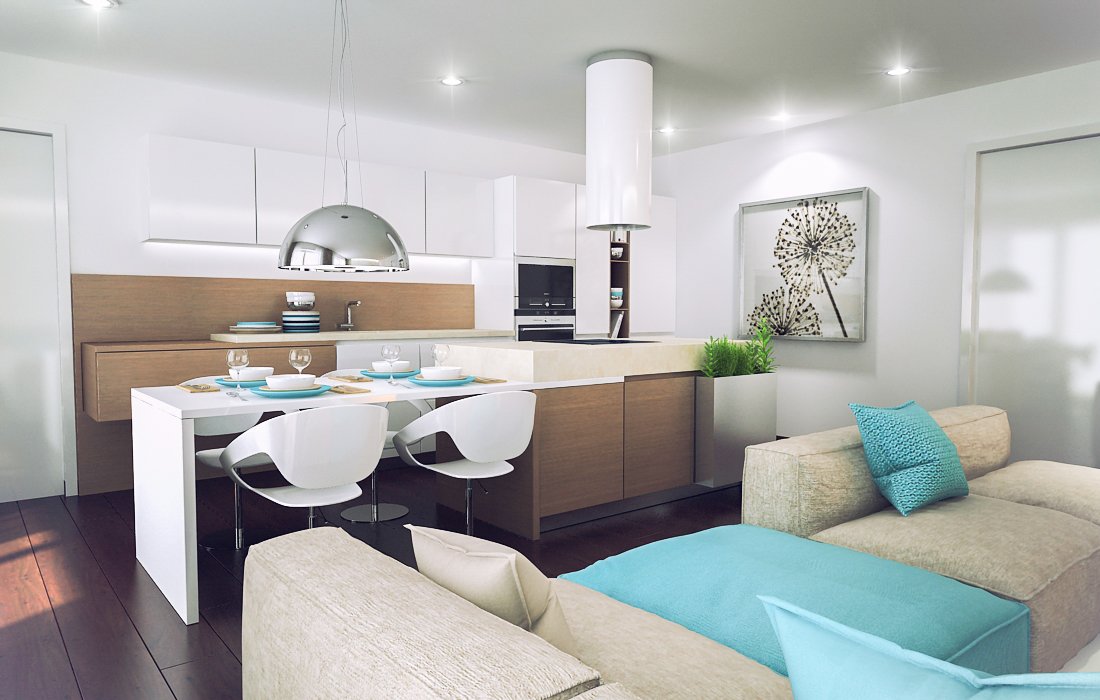 Moderná kuchyňa s obývačkou s jedálenským stolom spojeným s ostrovčekom a priestorom pre rastliny