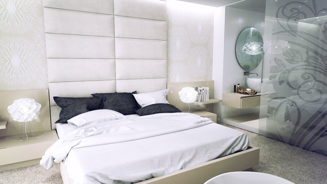 Luxusná spálňa s kobercom a s vlastnou kúpeľňou oddelenou sklenenými posuvnými dverami