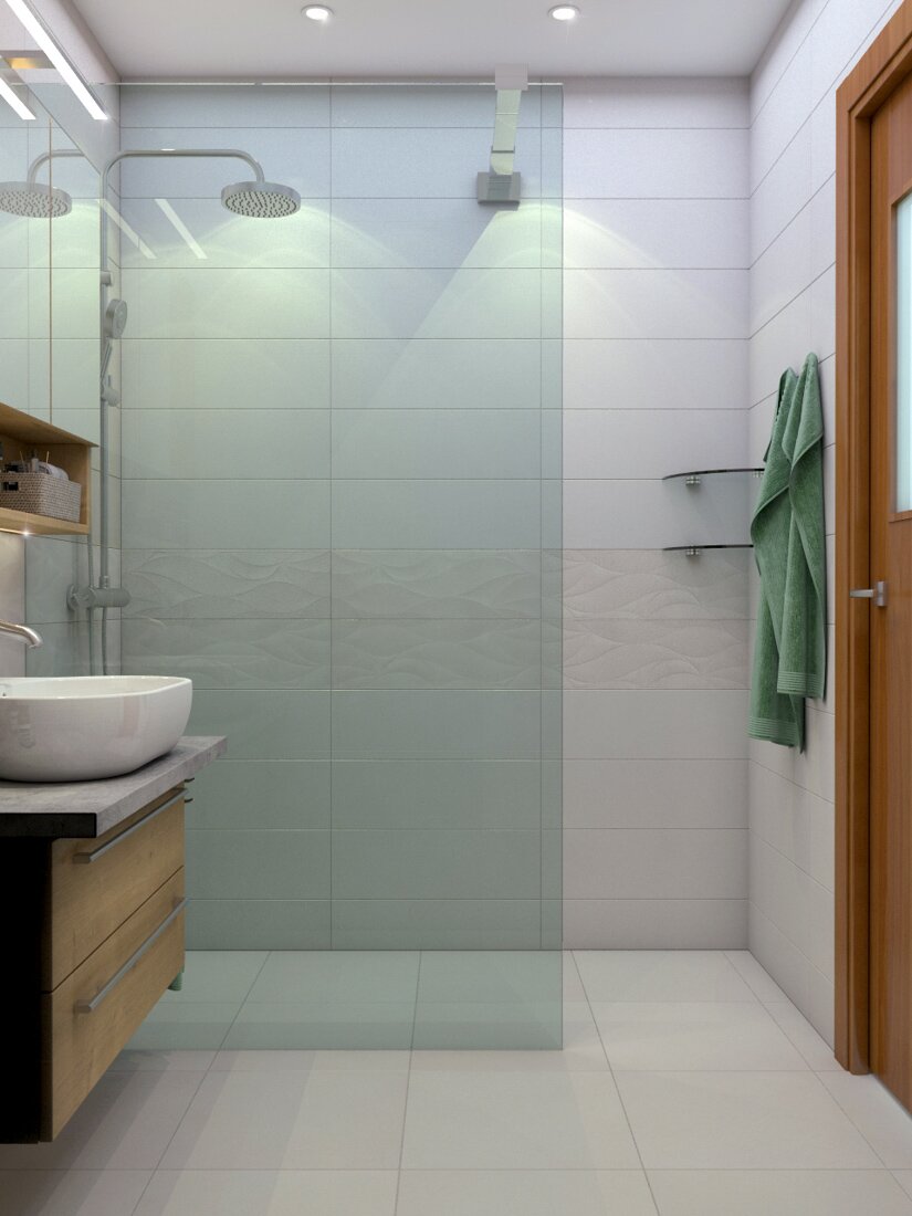 Biela kúpeľňa s walk-in sprchovým kútom a umývadlom na dervenej skrinke pod kúpeľňovou skrinkou so zrkadlom