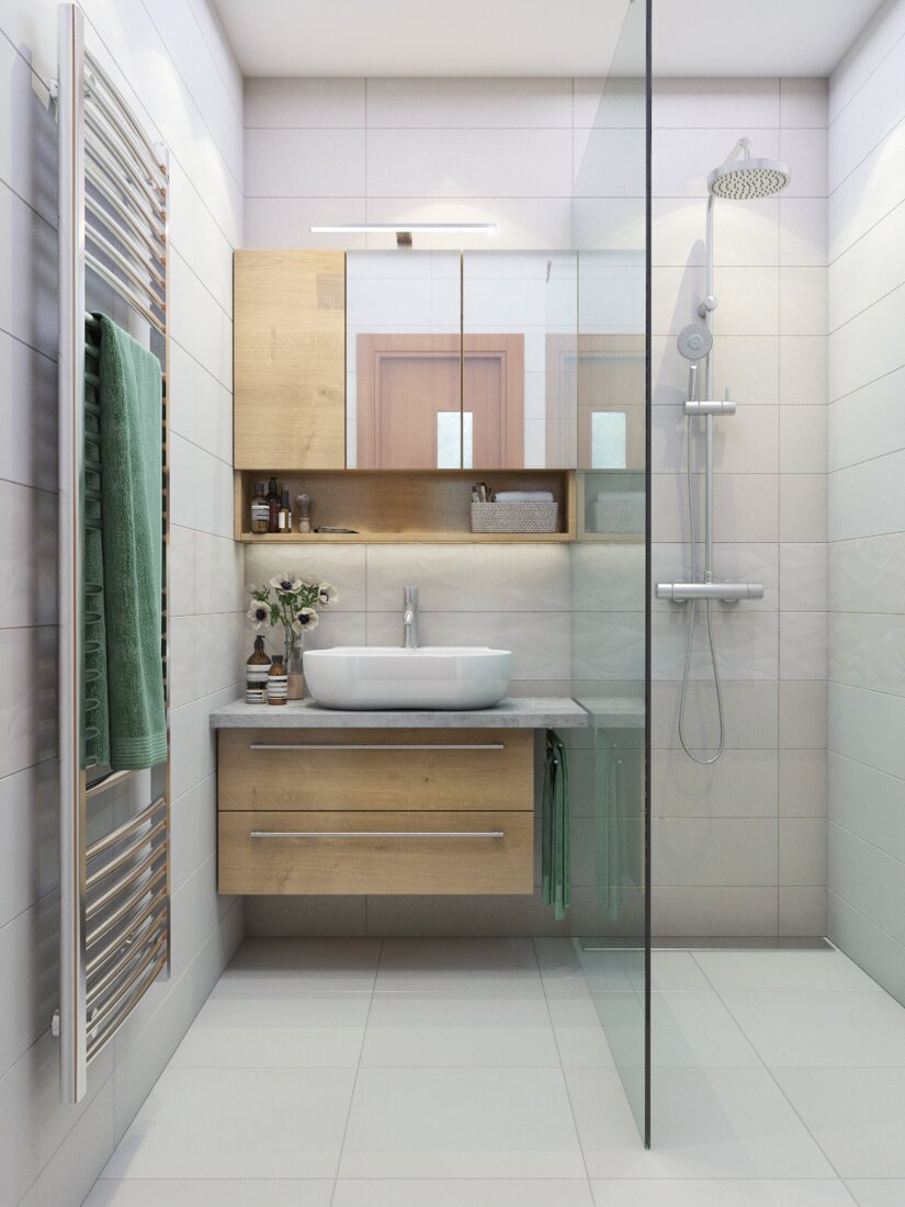 Malá kúpeľňa s priestranným walk-in sprchovým kútom a dervenou skrinkou so zrkadlom nad umývadlom