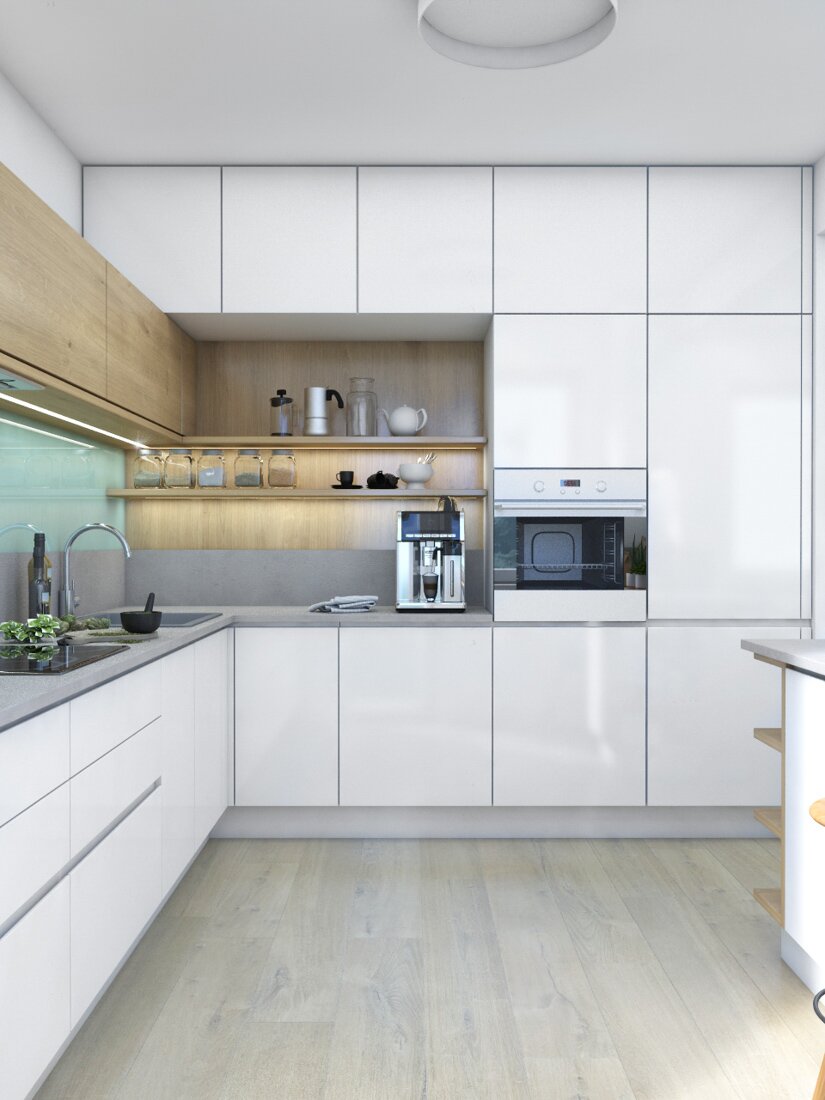 Biela lesklá kuchyňa tvaru L s ostrovčekom, lesklou mentolovou a drevenou zástenou a s množstvom úložného priestoru