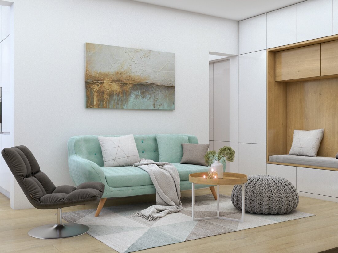 Obývačka s mnohými možnosťami na usadenie v podobe mentolovej sedačky, šedého pouffu a kresla a posedenia pri skriniach