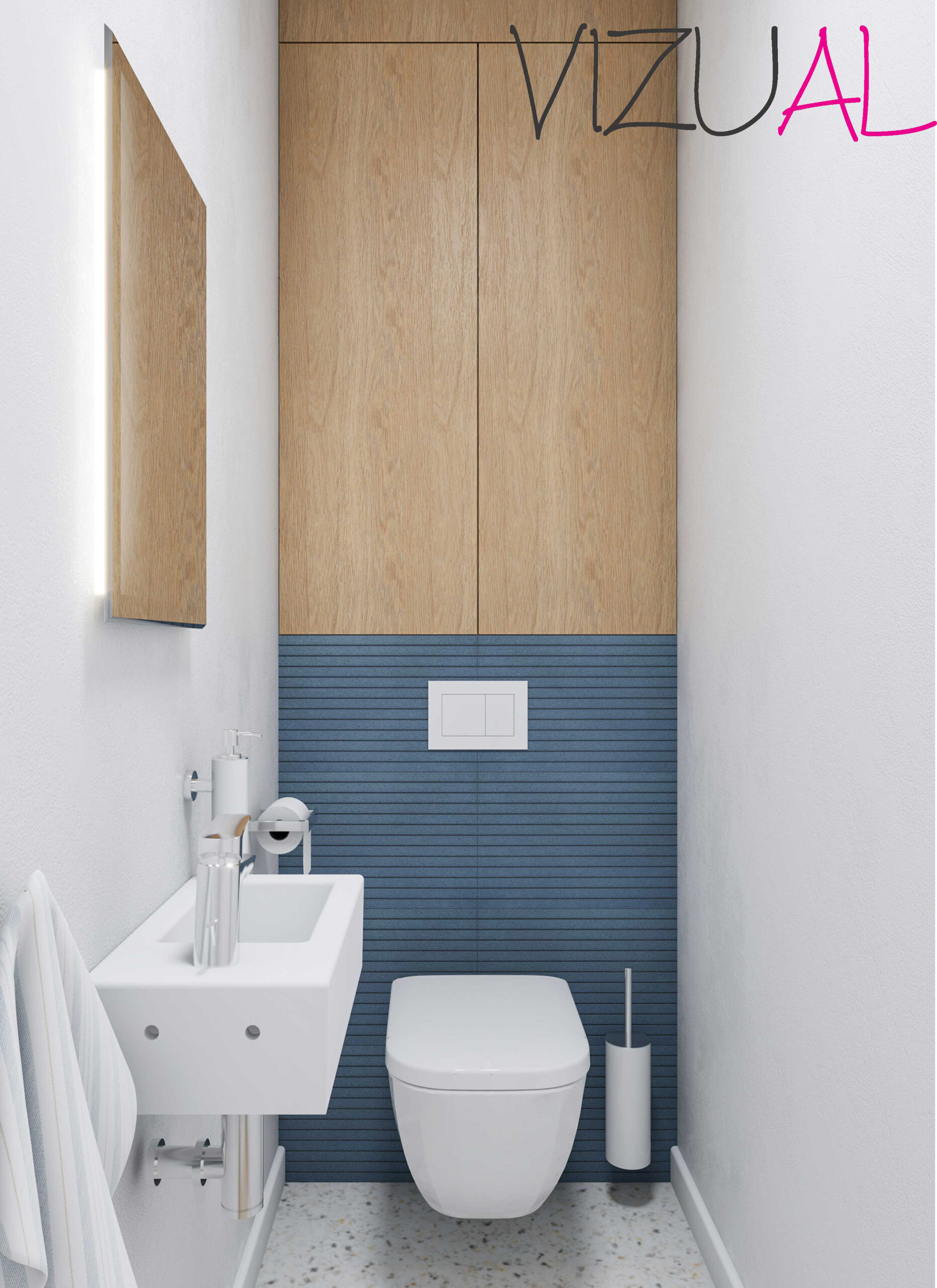 Vizuál záchodu s malým hranatým umývadlom, zrkadlom a jednou farebnou stenou