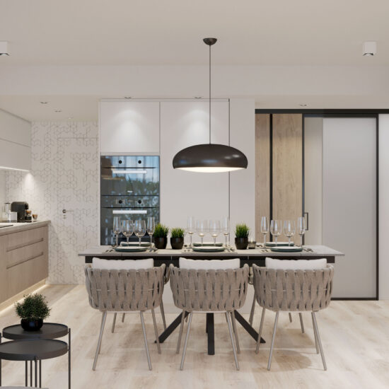 Kuchyňa s obývačkou s jedálenským stolom pre šiestich kombinujúca sivú, bielu a čiernu farbu s bledým drevom