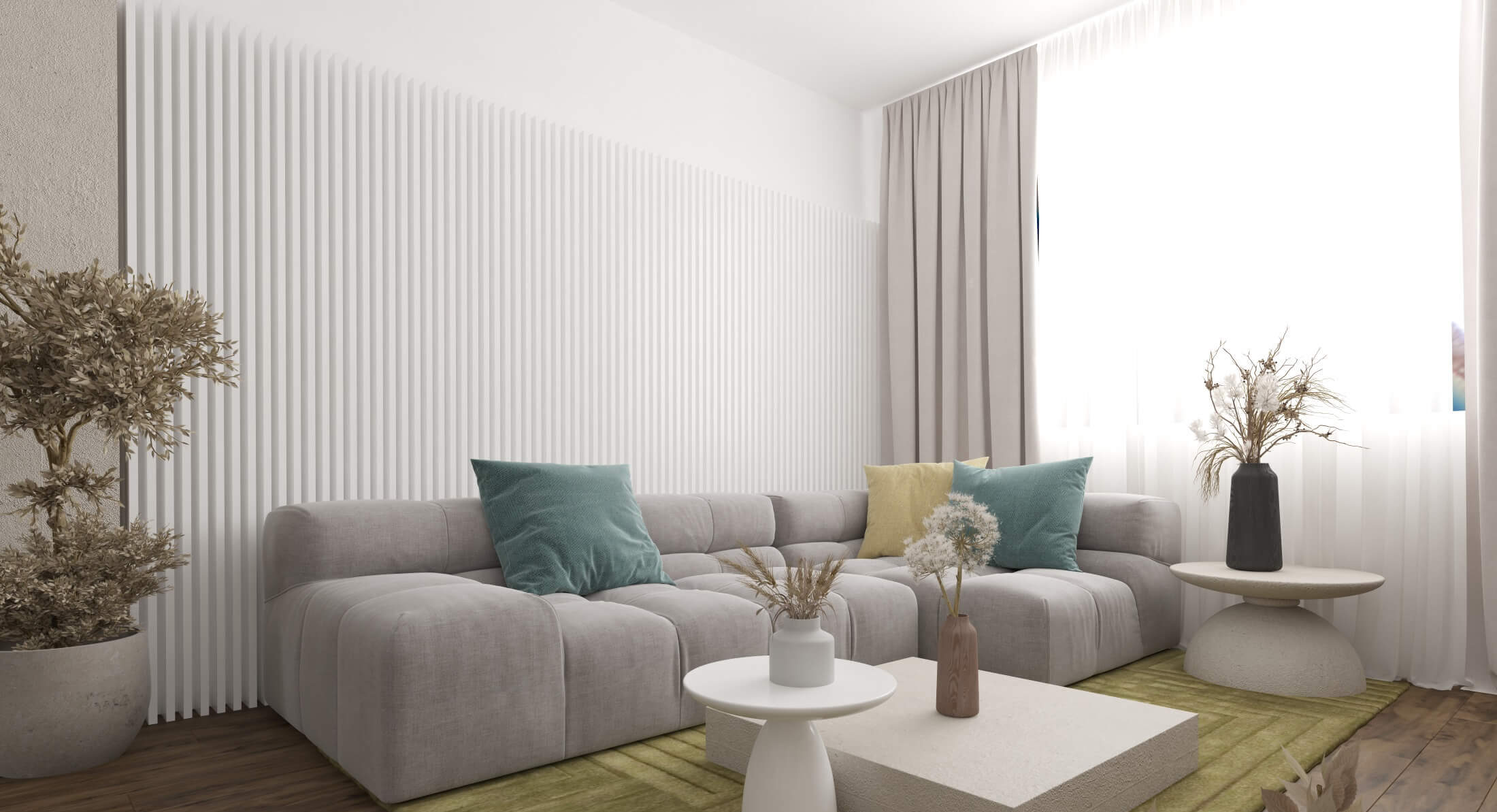 Netradičná obývačka v luxusnom štýle so šedou sedačkou tvaru L, tromi rôznymi konferenčnými stolíkmi a zeleným kobercom